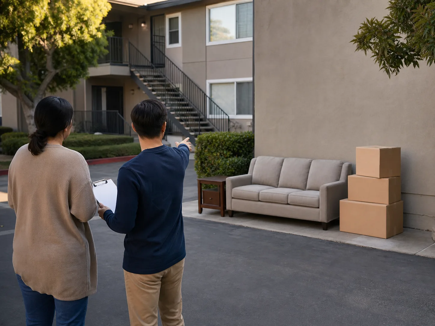 Two adults coordinating a furniture pickup area at a Santa Ana apartment property