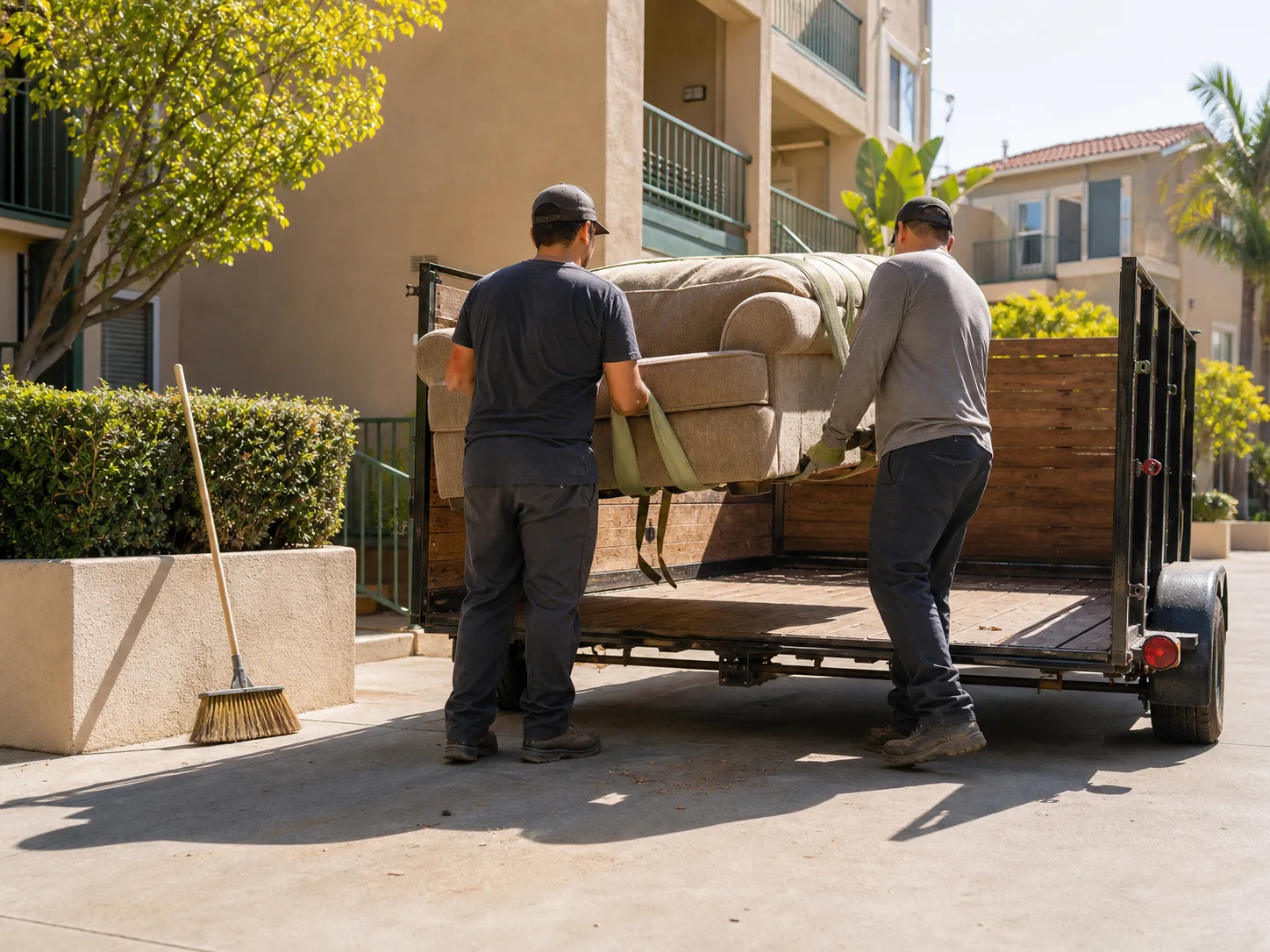 Workers using moving straps to load a sofa into an unbranded utility trailer