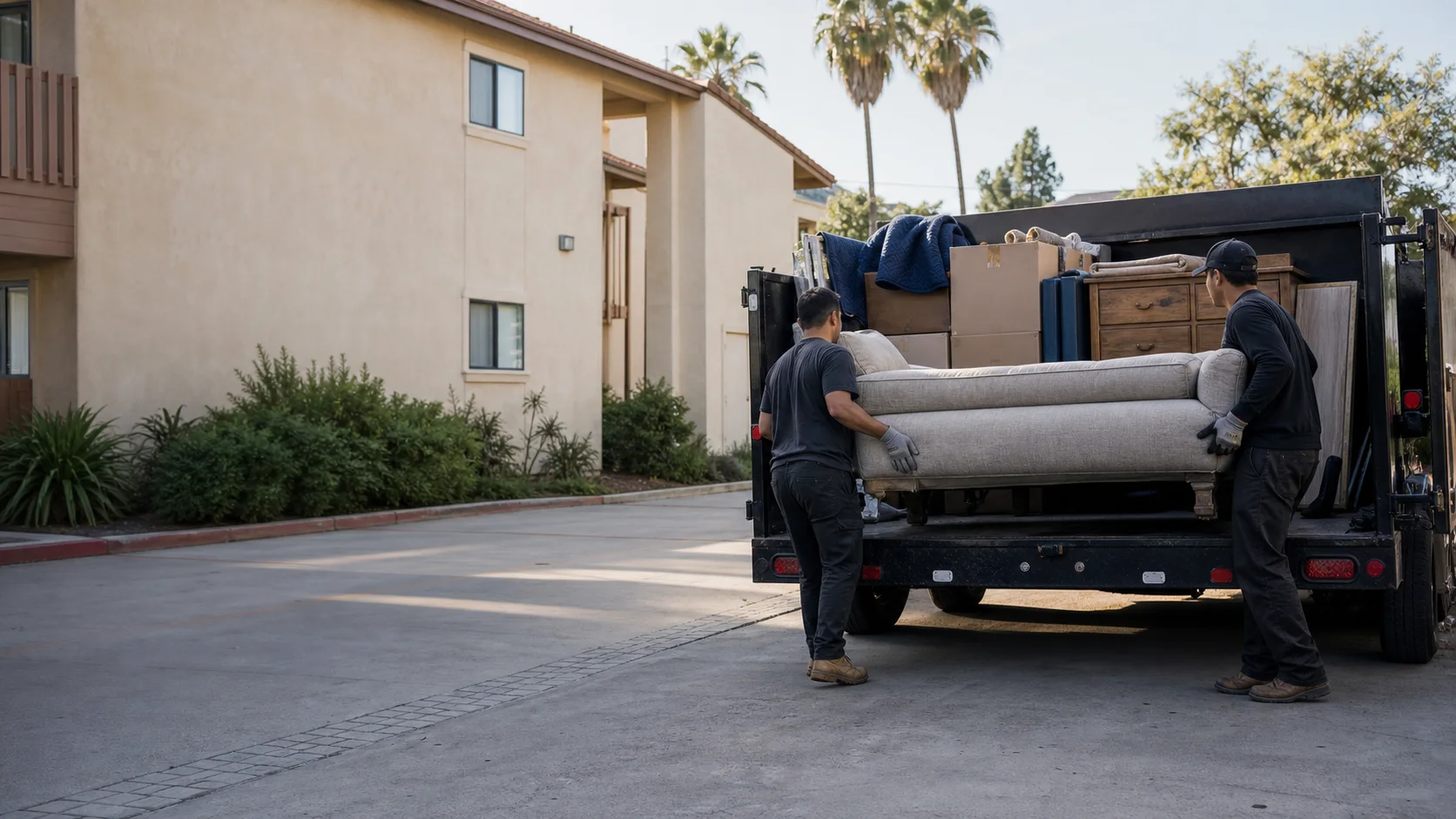 Furniture being loaded into a cleanup trailer outside an apartment property