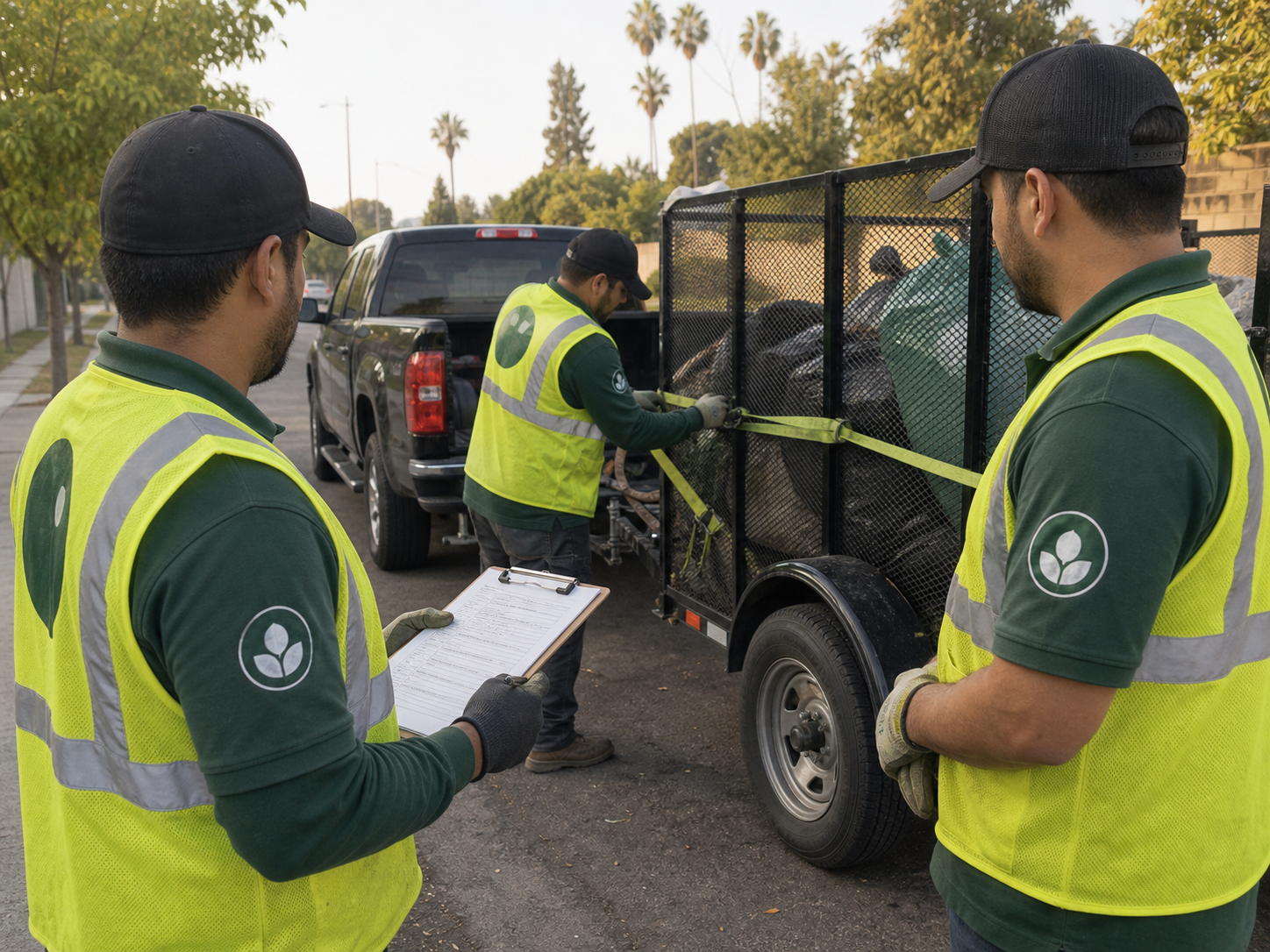 Civic Cleanup crew loading bulky apartment items beside a branded trailer
