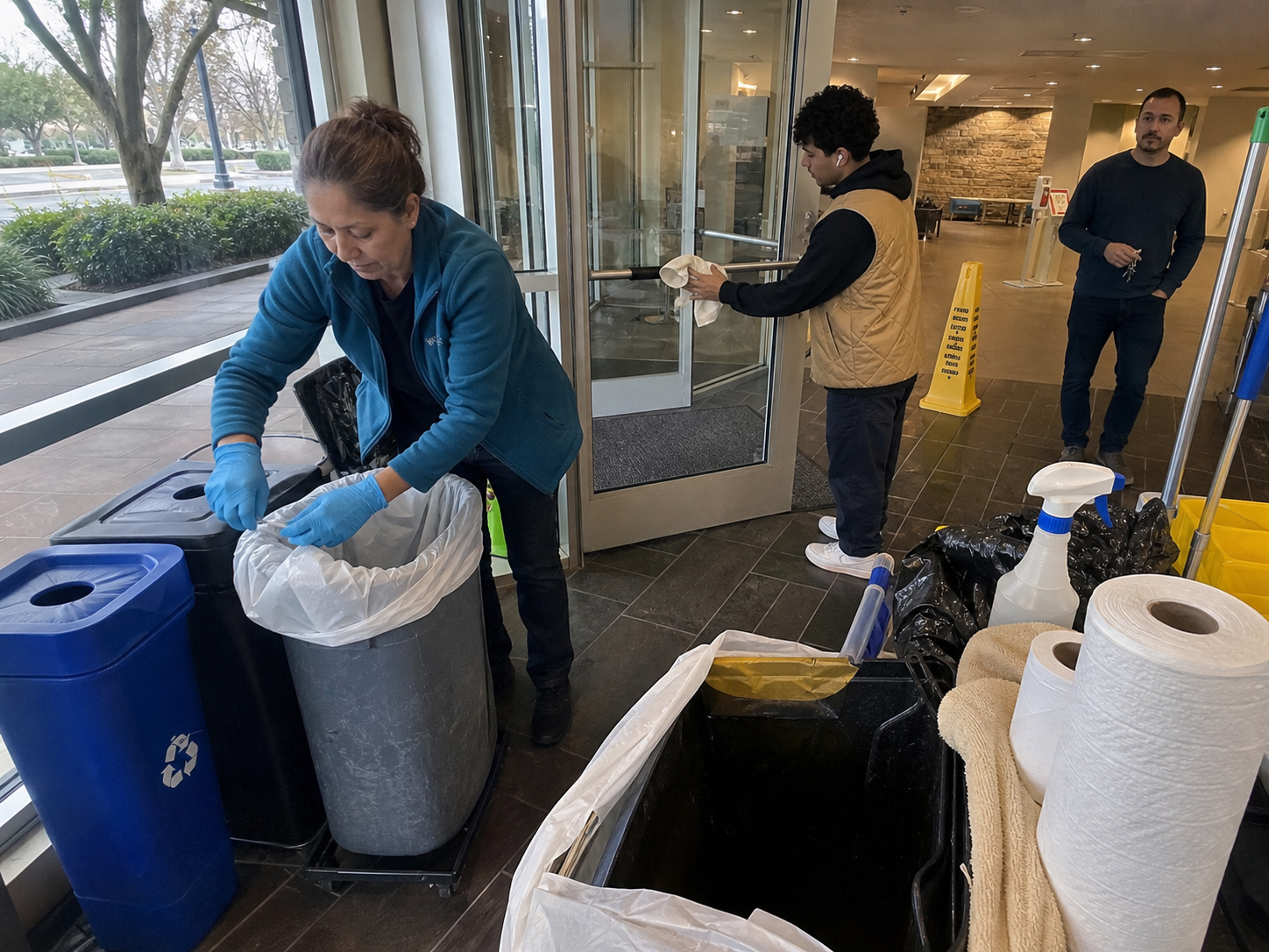 Crew cleaning a facility entrance and replacing bin liners