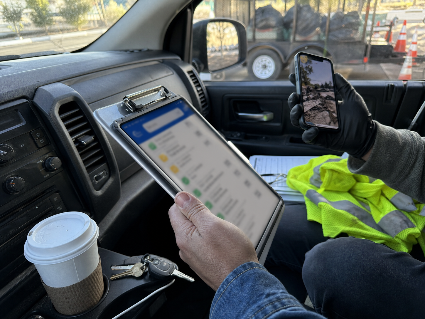 Worker in a high-visibility vest documenting cleanup conditions by phone