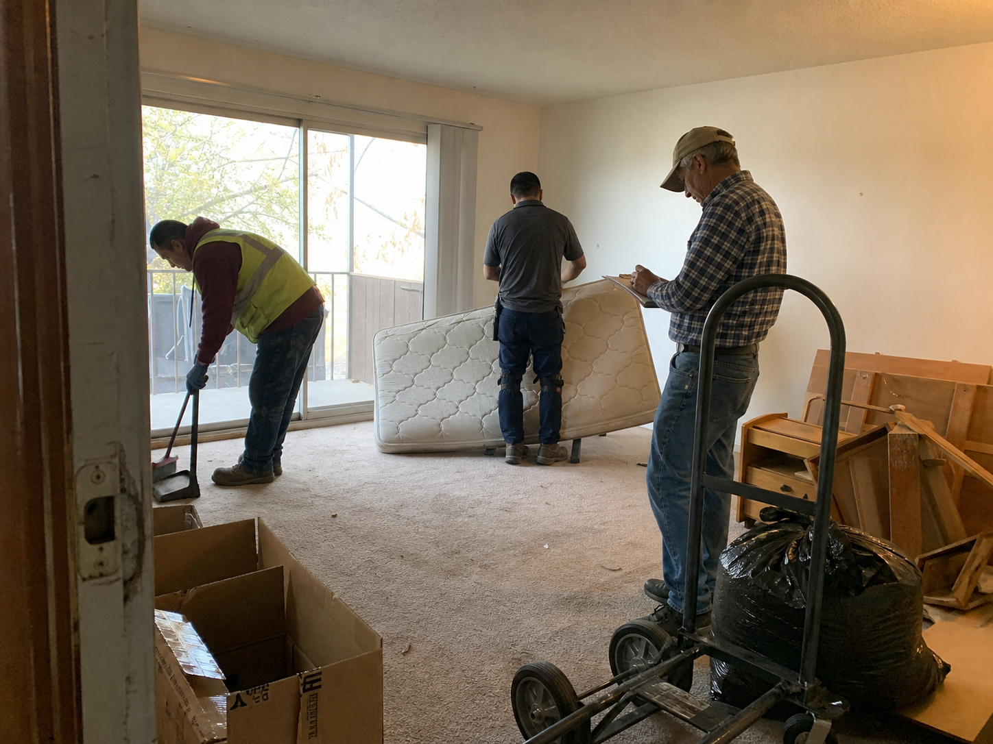 Cleanup crew reviewing job notes at a worksite table